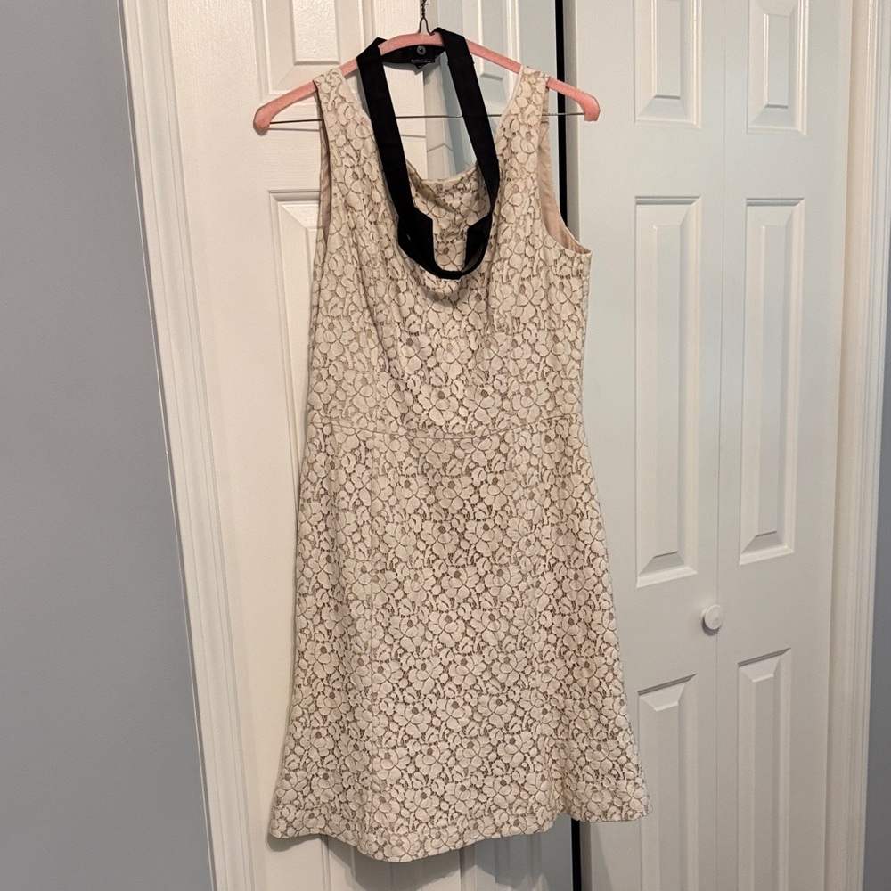 White House Black Market Cream Lace Midi Dress with Black Bow Belt